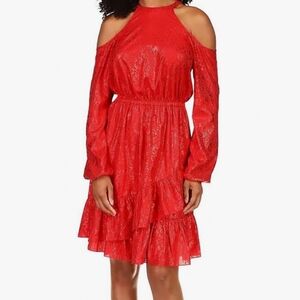 Michael Michael Kors Women's Long Cold Shoulder Sleeve Flounce Hem Dress XL